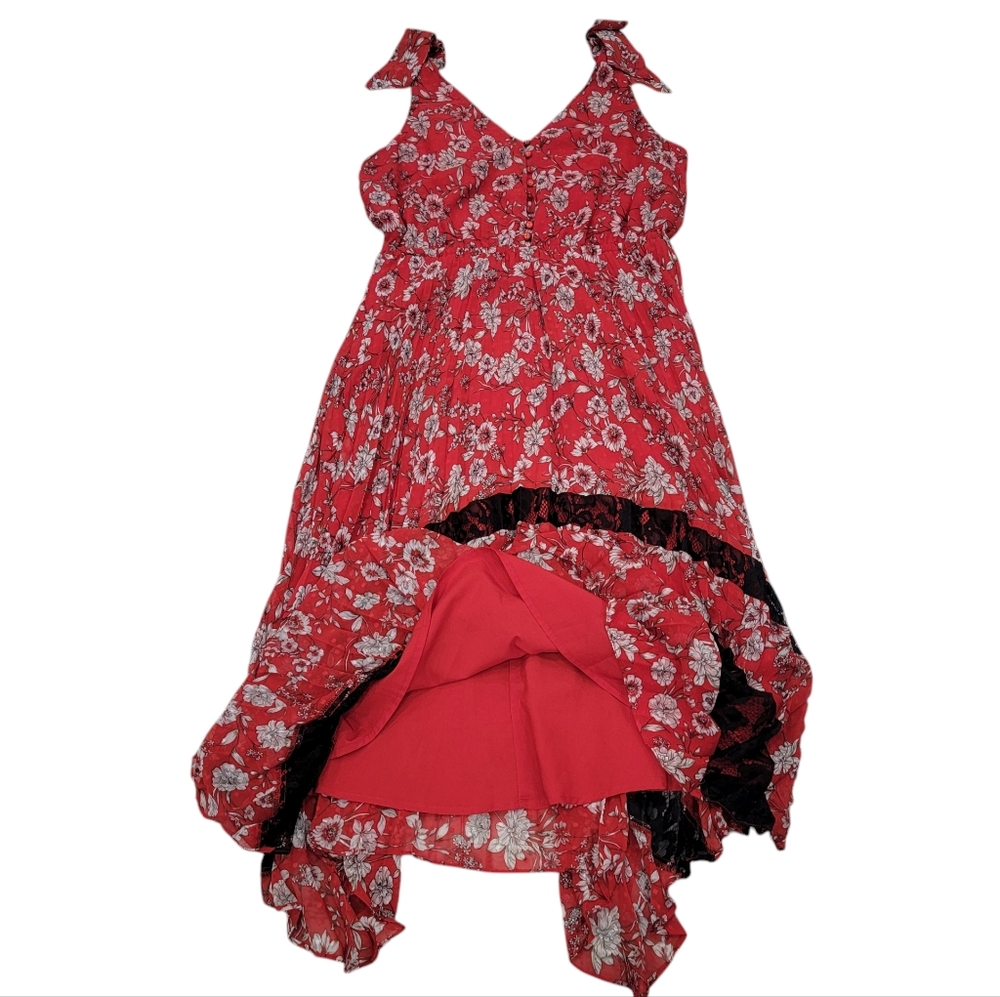 Nanette Lepore Pleated Floral Midi Dress Red Feminine Handkerchief Hem W… - Picture 11 of 16